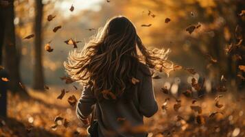 Woman running through field with falling leaves photo
