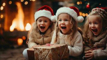 Excited children opening their presents on Christmas morning photo