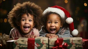 Excited children opening their presents on Christmas morning photo