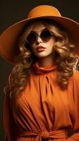 Fashionable woman in oversized hat and sunglasses photo