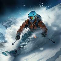 Man skiing down snowy mountain photo