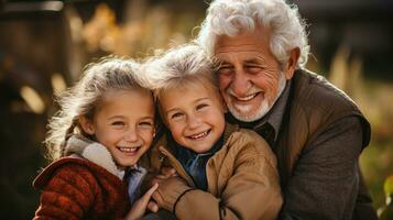 Grandparents hugging their grandchildren tightly photo