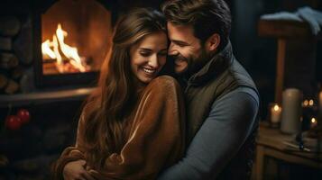 Loving couple cuddling by the fireplace photo