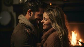 Loving couple cuddling by the fireplace photo