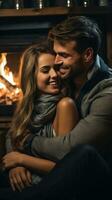 Loving couple cuddling by the fireplace photo