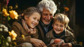 Grandparents hugging their grandchildren tightly photo