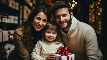alegre familia con Navidad regalos y decoraciones foto