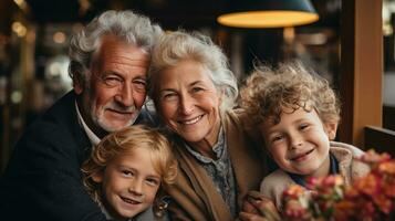 Grandparents hugging their grandchildren tightly photo