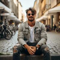 Man in denim jacket and ripped jeans photo