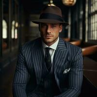 elegante hombre en rayado traje y fedora foto