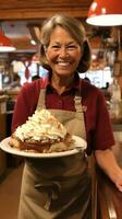 mujer servicio un rebanada de tarta foto