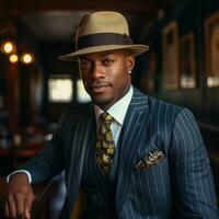 Stylish man in pinstripe suit and fedora photo