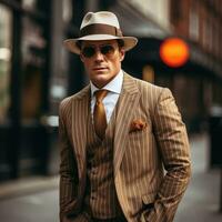 Stylish man in pinstripe suit and fedora photo