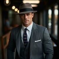 Stylish man in pinstripe suit and fedora photo