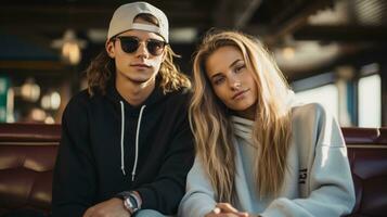 Young couple in trendy streetwear photo