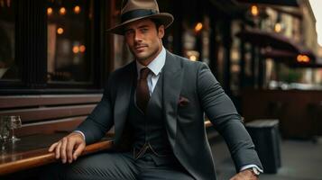 Stylish man in pinstripe suit and fedora photo