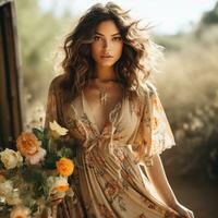 Woman in bohemian maxi dress with flowers photo