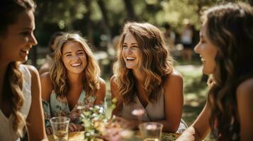 Friends laughing and enjoying outdoor picnic photo