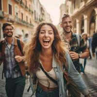 Excited tourists capturing urban sights and sounds photo