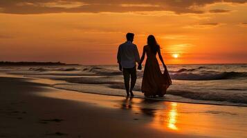 Romantic beach stroll under sunset skies photo