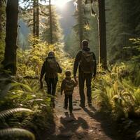Family hiking through lush forest photo