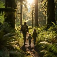 familia excursionismo mediante lozano bosque foto