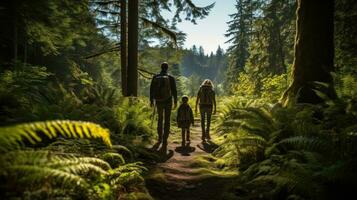 Family hiking through lush forest photo