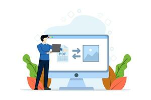 PDF conversion concept. PDF converter from jpg, Convert PDF to document file. Screen with the process of changing or converting a document to another format. Mobile converter technology. Illustration. vector