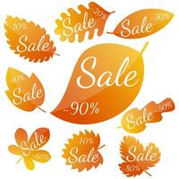 Set of autumn yellow-red leaves with inscription Sale. Discounts from 10 to 90 percent. Vector illustration.