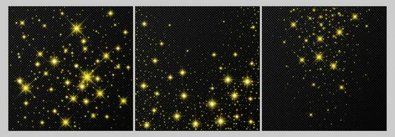 Set of three gold backdrops with stars and dust sparkles isolated on dark background. Celebratory magical Christmas shining light effect. Vector illustration.