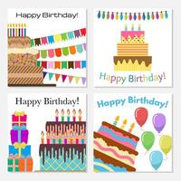 Set of four greeting cards with sweet cake for birthday celebration. Vector illustration