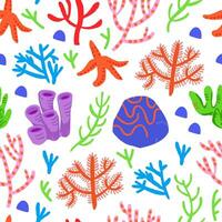 Cute vector colorful seamless pattern with red corals on white background. Coral reef, shells, star fish.