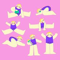 linda bebé personaje en un rosado antecedentes. niño actividad concepto. bebé jugando juguete, bebé sesión, bebé dormir, niño sonriente, contento niño vector