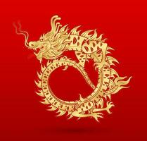 Traditional chinese Dragon gold zodiac sign isolated on red background for card design print media or festival. China lunar calendar animal happy new year. Vector Illustration.