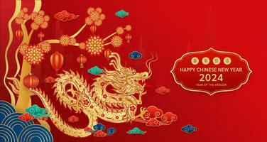 Happy Chinese new year 2024, Dragon zodiac sign on red background. Asian elements with craft tiger paper cut style. Translation happy new year 2024. Vector EPS10.