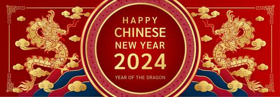 Happy Chinese New Year 2024. Chinese dragon gold zodiac sign on red background for banner or card design. China lunar calendar animal. Vector EPS10.