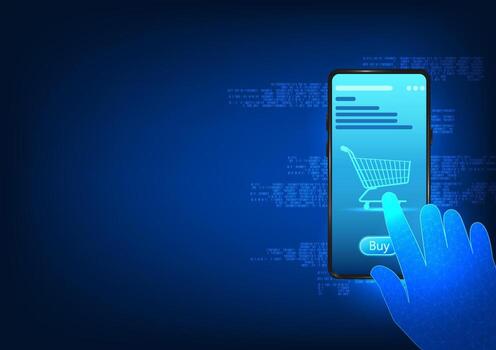 Smartphone technology with online shopping in mobile applications A hand is pressing the shopping button on a mobile screen with a shopping cart and a number code surrounding it. vector
