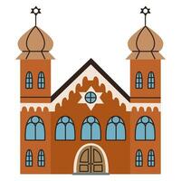 Isolated religious synagogue with two towers and jewish star. Spiritual architecture collection. Flat vector illustration on white background.