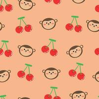 Seamless cartoon pattern of monkeys and cherries on pink background for fabric print, textile, gift wrapping paper. colorful vector for children, flat style