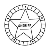 Sheriff badge doodle in the star shape with hand drawn outline. Cute emblem of western police, sign of law, security and justice. Wild West and cowboy symbol with shields isolated on background. vector