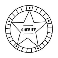 Sheriff badge doodle in the star shape with hand drawn outline. Cute emblem of western police, sign of law, security and justice. Wild West and cowboy symbol with shields isolated on background. vector