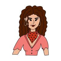 Hand drawn stylish young cowgirl wearing bandana, shirt. Cute doodle portrait of cow girl of Wild west theme. Vector western female character for print design, poster, cowboy party