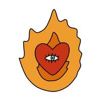 Doodle of psychedelic one-eyed heart in the flame with hand drawn with outline. Aesthetic hippy sticker in retro style of 70s. Burning heart with one eye for media, passion concepts, tattoo design vector