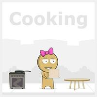 Girl in the kitchen frying pancakes vector