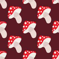Amanita mushroom seamless pattern. Fly-agaric muscaria silhouettes wallpaper. Autumn season retro style textile print. Simple botanical background. Minimal design organic backdrop. vector