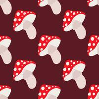 Amanita mushroom seamless pattern. Fly-agaric muscaria silhouettes wallpaper. Autumn season retro style textile print. Simple botanical background. Minimal design organic backdrop. vector