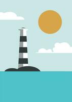 View on lighthouse in the sunny ocean minimalist illustration print vector