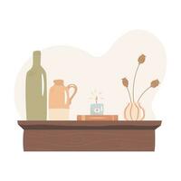 Wooden shelf with clay vases, dried poppy seeds, pile of books and lighted candle. Cozy autumn days concept. vector