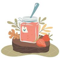 Jar of strawberry jelly on a wooden tray. Morning breakfast concept. Cozy autumn days concept. vector