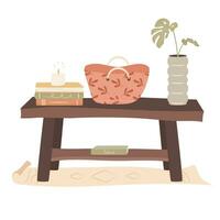 Cozy home. Bench in a hallway with pile of books, lighted candle and shooper bag. Cozy autumn days concept. vector